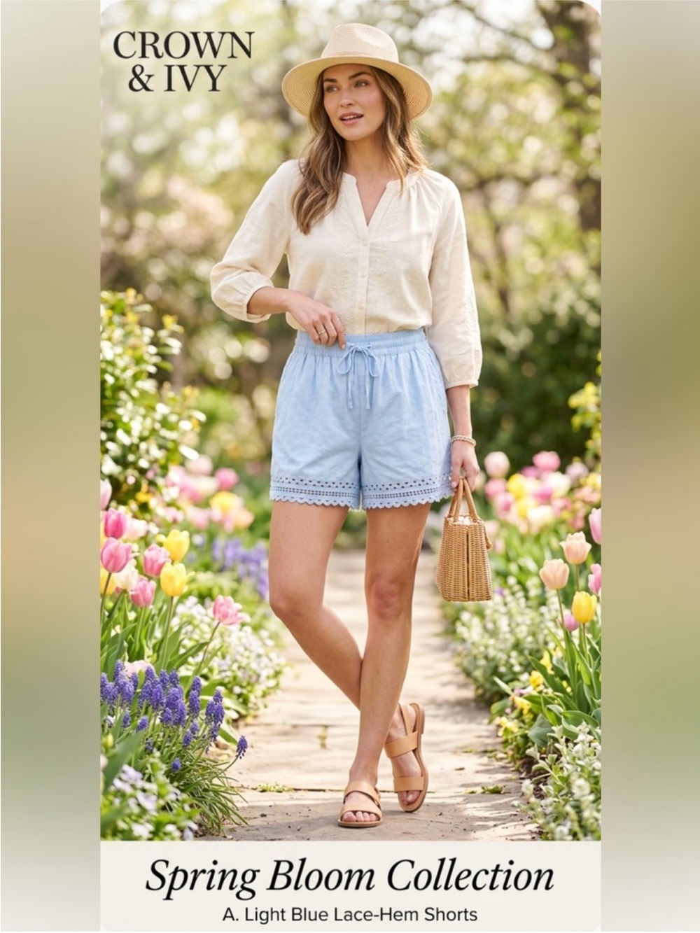 Crown & Ivy Blue Linen Look Lace Hem Shorts ~ Size Large Worn Once
